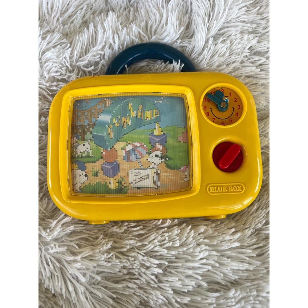 Blue-Box Vintage Musical Wind Up Toy TV Scrolling Screen Yellow Nursery Rhyme